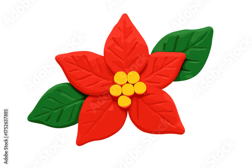 Poinsettia Christmas flower made from clay in a childish style. Isolated plasticine toy. Vector cartoon for holiday decoration, handmade winter celebration graphic element concept.