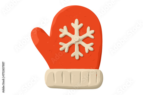 Christmas mitten clay 3d icon. Red winter glove with snowflake in naive childish style. Isolated plasticine toy for holiday design. Handmade craft element for festive decoration.