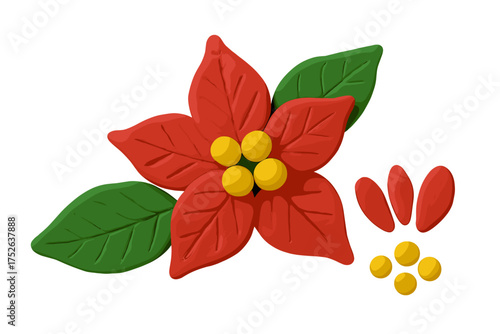 Poinsettia Christmas clay element in naive childish style. Isolated plasticine toy. Vector Cartoon Illustration. DIY craft kit for kids. Holiday decoration constructor set.
