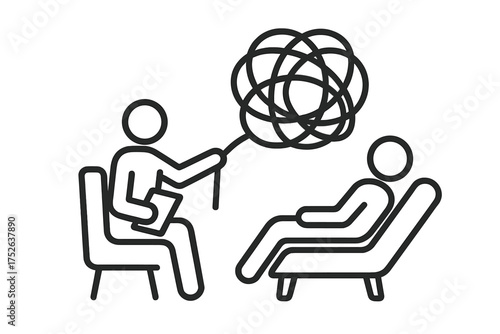 Psychotherapy icon. Psychologist untangles patient's tangled thoughts. Concept of mental health care, counseling, psychology, stress, depression, anxiety, and therapy session.