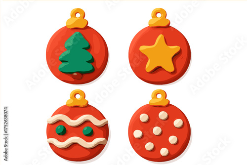 Christmas clay ornaments set of four playful red plasticine baubles with green tree, yellow star, white wavy stripes, and polka dot decorations, festive holiday decor, vector cartoon style