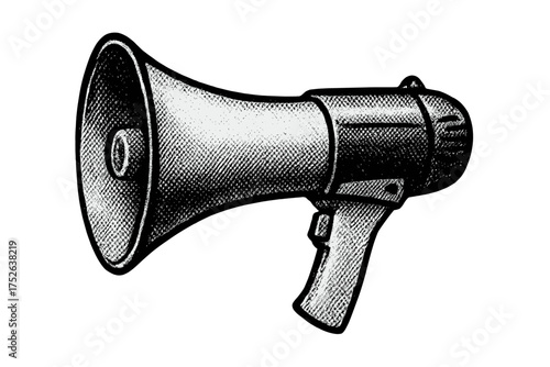 Vintage black and white electric megaphone side view, retro halftone collage element, isolated on transparent background, dotted zine art style for mixed media design, loudspeaker illustration