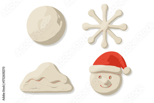 Snowball and Christmas Clay Elements in Naive Childish Style, Plasticine Toys with Snowflake, Snowman Face, Snowy Cloud, Vector Cartoon Illustration for Holiday Decoration