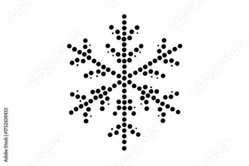 Halftone snowflake icon with round dot elements, abstract vector illustration of winter frost crystal, geometric snowflake design on transparent background, digital halftone pattern