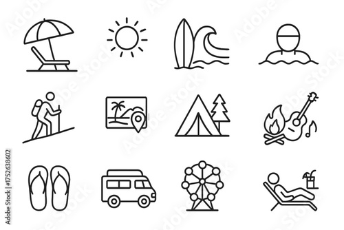 Summer activities icon set with thin line editable stroke, including beach holidays, outdoor adventures, camping, surfing, swimming, hiking, travel, festivals, and vacation icons