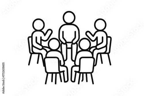 Support group icon vector with thin line illustration, editable stroke representing group therapy, community discussion, emotional support, peer connection, mental health