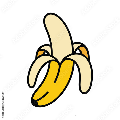 A simple cartoon illustration of a peeled ripe banana with a white background