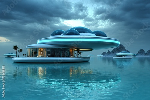 Futuristic Floating Houses with Domes on Water, Sustainable Architecture and Eco-Friendly Living Concept, Ideal for Sci-fi World Building, Urban Planning, and Climate Change Topics