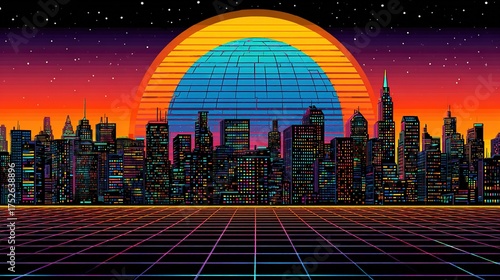 Retro Futuristic Cityscape with Grid Globe, Neon-lit Skyline at Dusk, Background for Urban Technology Themes, Event Posters, and Website Header with Vaporwave Aesthetic
