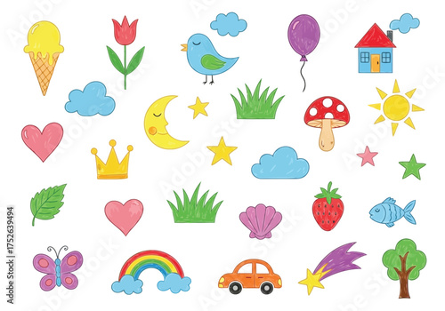 Vector illustration of collection of cute handdrawn childrens drawings