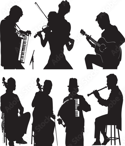 Silhouette illustrations of musicians playing various instruments on a white background art design