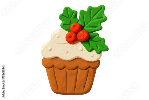 Christmas clay cupcake with holly leaves and red berries, festive holiday dessert illustration, cartoon plasticine style, isolated vector graphic with transparent background for festive design