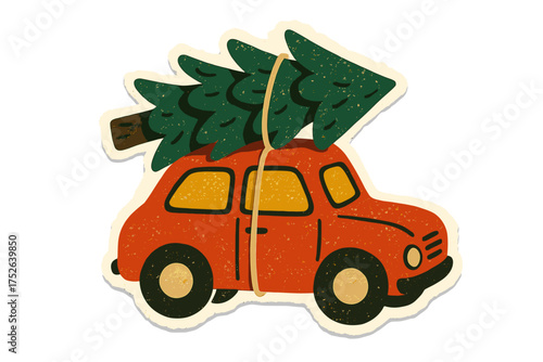 Vintage Christmas car with green pine tree tied to red car roof, torn paper sticker style, naive collage vector illustration, holiday season festive transportation design