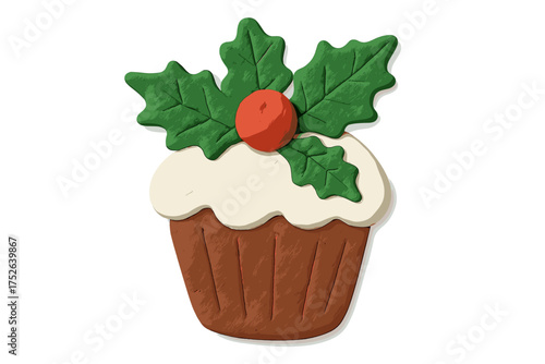Christmas cupcake with holly leaves and berry decoration in playful clay style, festive holiday dessert, cute plasticine illustration, seasonal baking concept
