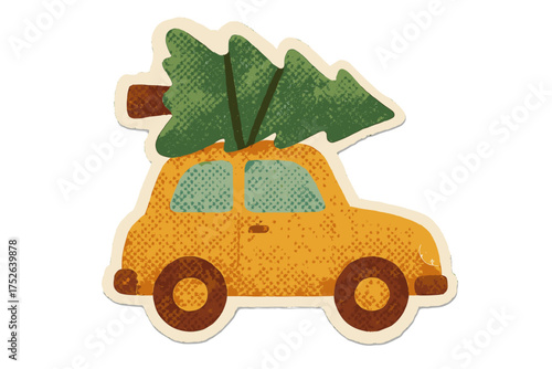 Christmas tree on car roof holiday illustration. Torn paper sticker style vintage vector cartoon with halftone texture. Festive seasonal travel concept with Xmas pine tree on yellow car.