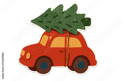 Christmas car carrying evergreen tree on roof. Torn paper sticker in naive halftone collage style. Vintage clay toy look. Vector cartoon illustration for holiday season, winter, Xmas decoration.