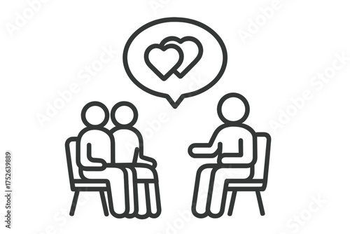 Couple counseling session icon with therapist and two clients talking and relationship love symbol in speech bubble, vector illustration