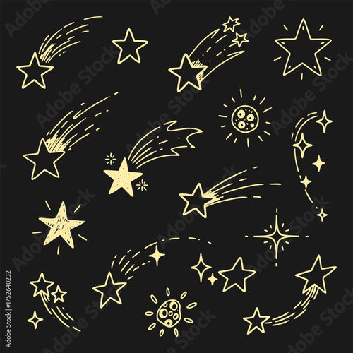 Hand drawn cosmic star doodle set with sparkling lines and simple celestial space objects vector