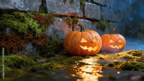 Spooky Halloween pumpkins carved with scary faces glowing in the dark with mossy stone background and reflection in water
