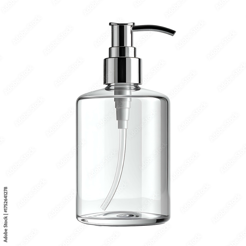 Obraz premium Clear rectangular bottle with a chrome pump dispenser, isolated on a black background