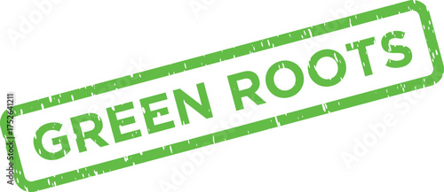 Bright green rectangular stamp with a textured appearance displaying the words Green Roots on a plain white surface