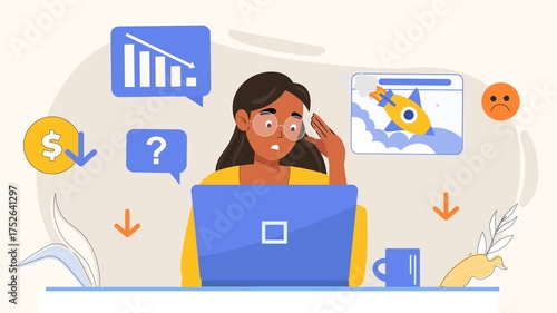 Concerned Woman Working On Laptop With Financial News And Charts In A Busy Digital Scene