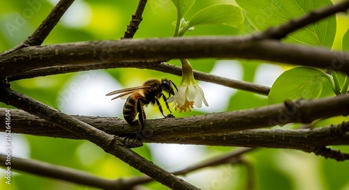 Honeybee perched on a branch near a small white flower in natural light generative ai