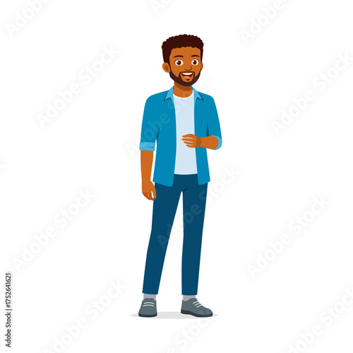 Happy African American Man Standing and Smiling in Casual Outfit with Full Body View