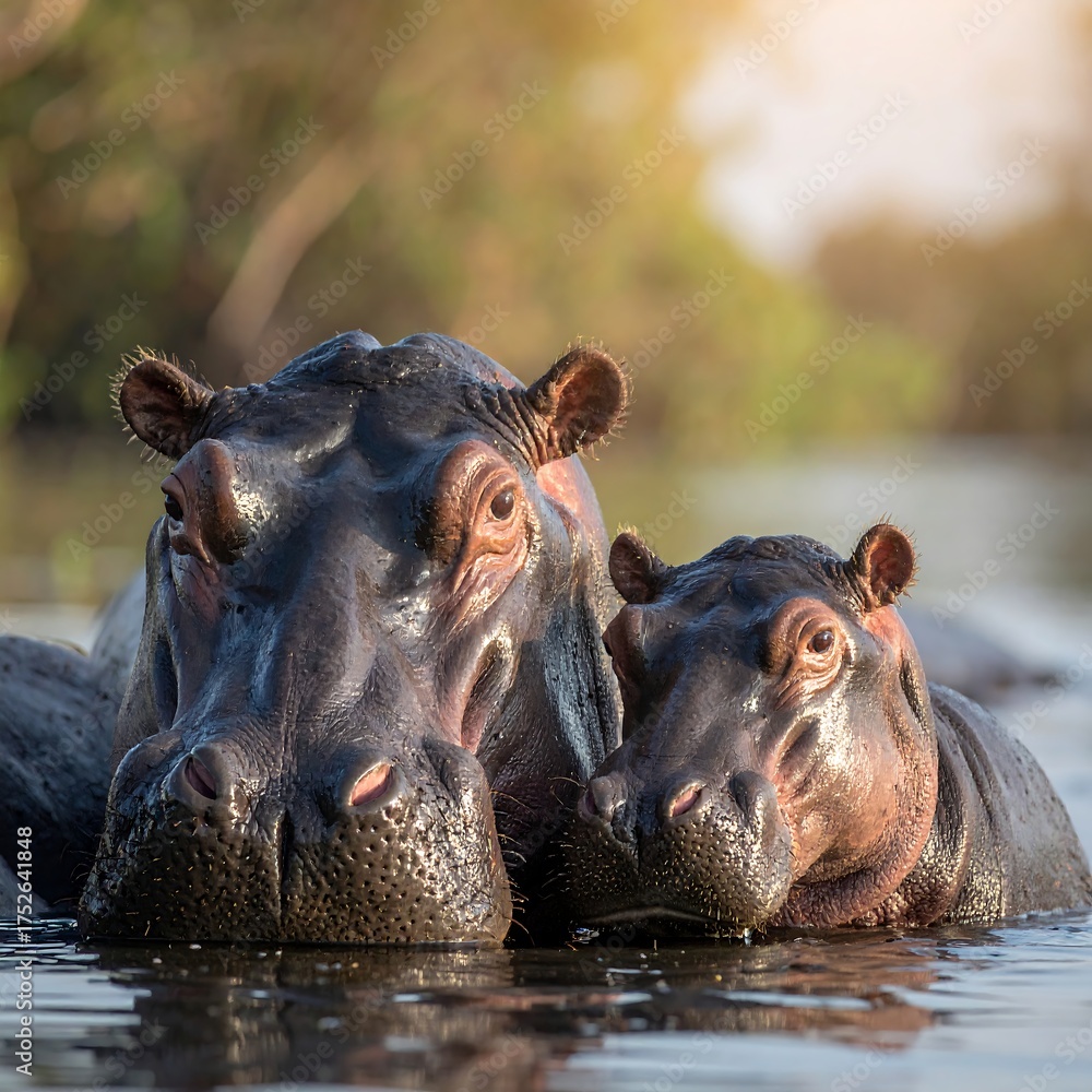 Fototapeta premium Two hippos emerge from water, sunlight streams through trees