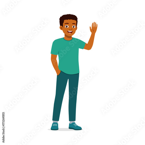 African American Man Smiling and Waving Hand with Joyful Expression Isolated on White