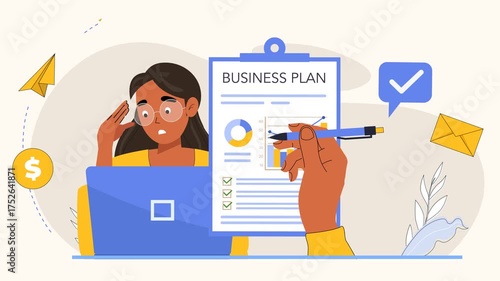 Business Plan Analysis Stressed Woman Reviews Clipboard Chart With Laptop, Pen, and Checklist