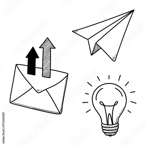 Hand drawn doodle set of paper plane envelope and light bulb for communication and idea concept