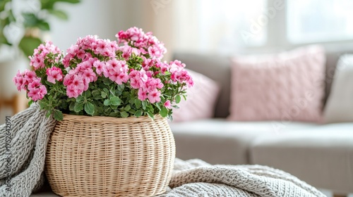 Pink Kalanchoe Blossoms in Woven Basket on Cozy Table.