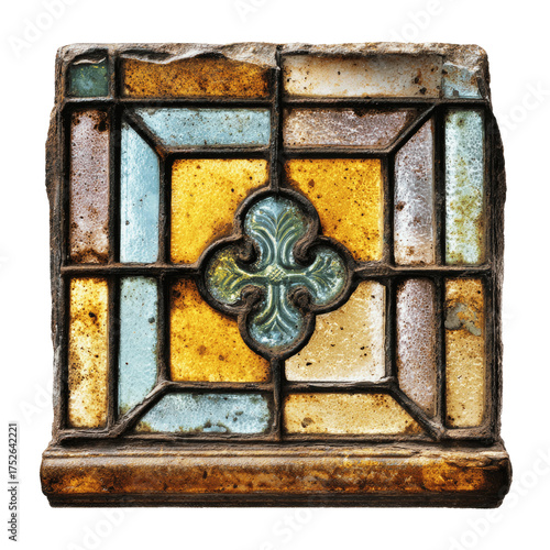 Aged Stained Glass Panel with Ornate Quatrefoil Design