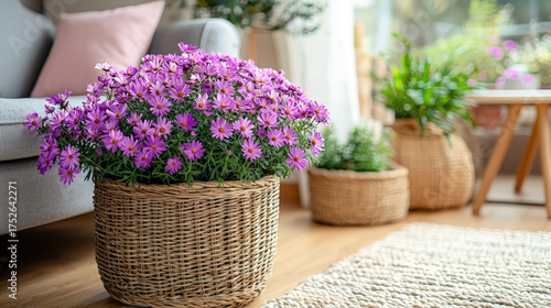 Beautiful purple flowers in a woven basket, indoor plant decor.