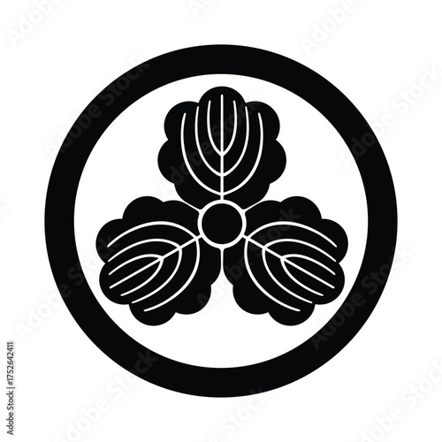 Three Oak Crest. Traditional Japanese Kamon Emblem. Heritage Kamon. Three Leaf Crest Symbol.