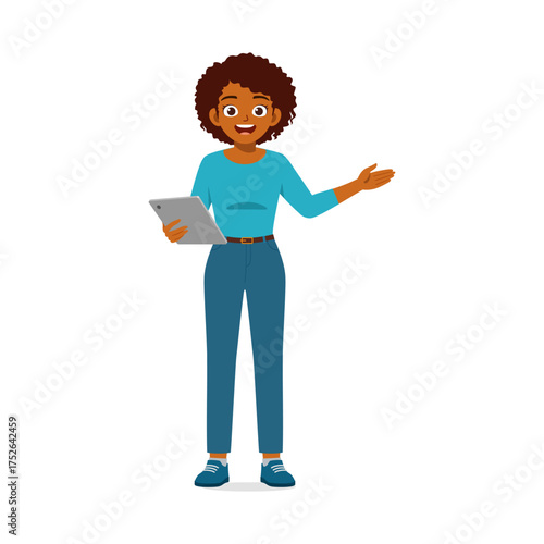 African American Woman Holding Tablet Smiling and Presenting Product Information