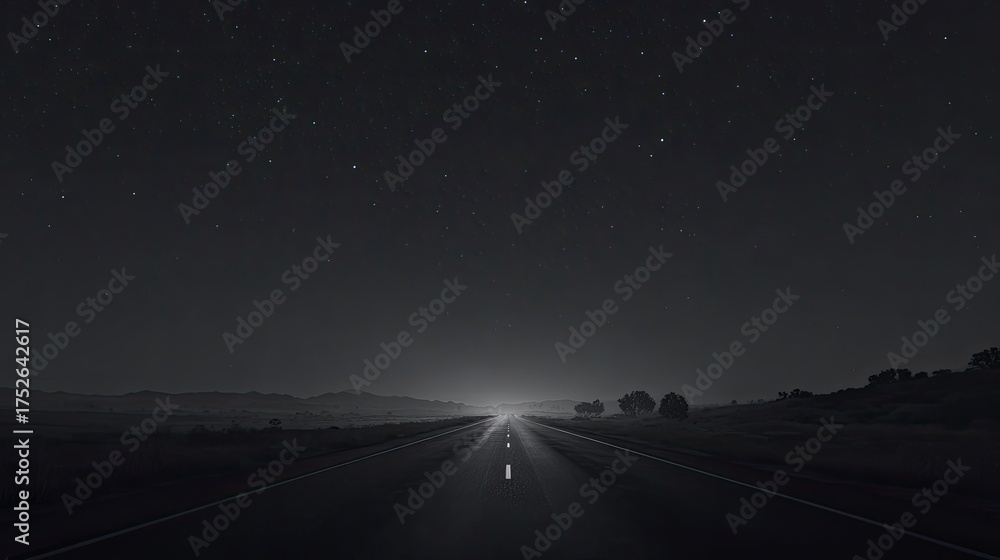 Fototapeta premium Empty highway stretches into a starlit night. A beam of light illuminates the road ahead, leading into the vast unknown