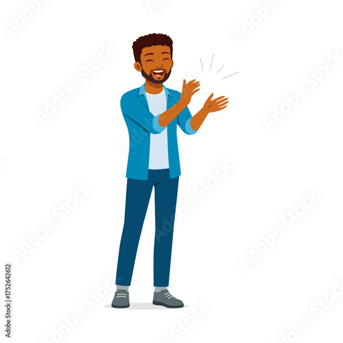 African American Man Clapping Hands Smiling and Cheerful Wearing Blue Shirt and Dark Blue Pants