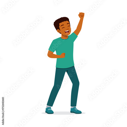 Happy African American Boy Celebrating Success Raising Fist Cheerful Isolated on White Background