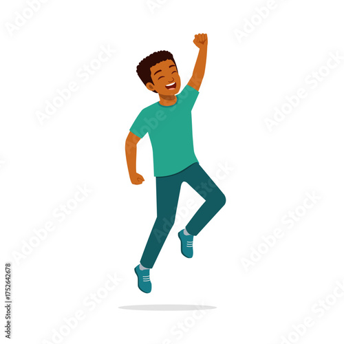 Cheerful African American Boy Jumping with Joy Raising Arm Celebrating Success