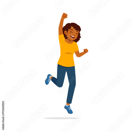 Cheerful African American Woman Celebrating Success with Raised Fists and Jumping with Happiness