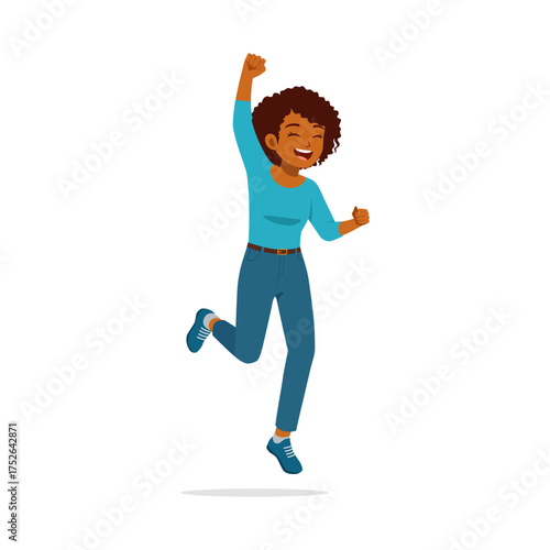 Happy African American Woman Jumping with Joy Celebrating Success and Happiness Portrait