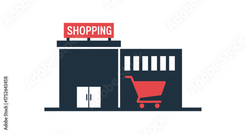 A clean vector illustration of a modern shopping building with a cart, effectively symbolizing retail commerce, holiday sales, and consumer discount events.