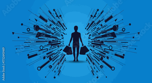 Dynamic blue illustration featuring a silhouette shopper with bags, surrounded by abstract digital bursts, embodying the rapid pace of Black Friday sales.