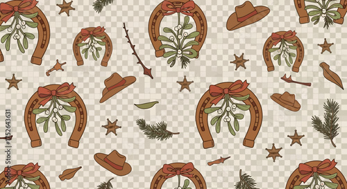 A charming rustic Christmas seamless pattern featuring festive horseshoes adorned with mistletoe, cowboy hats, and stars, perfect for holiday designs.