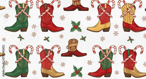 A festive holiday seamless pattern features colorful cowboy boots adorned with candy canes and holly, perfect for seasonal celebrations and shopping events.