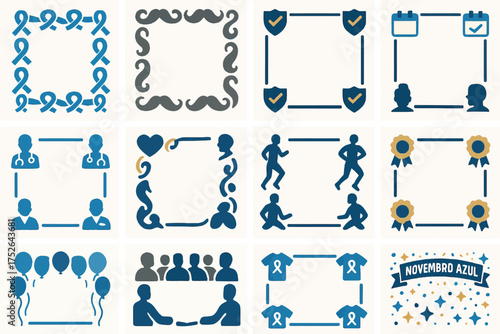 Novembro Azul Awareness Frames Set with Health and Celebration Icons