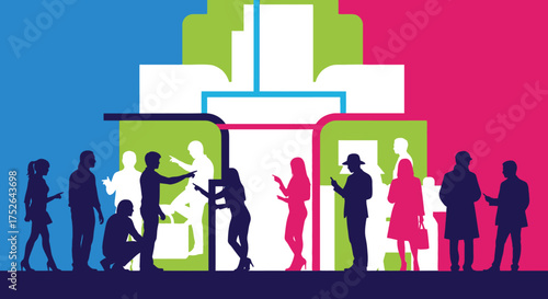 Vibrant silhouettes of diverse consumers engaging in a bustling retail environment, perfectly capturing the excitement of a major sales event like Black Friday.