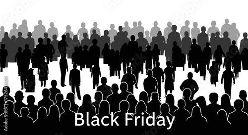 A dense multitude of anonymous black silhouettes vividly illustrates consumer excitement and bustling activity during the annual Black Friday sales event.